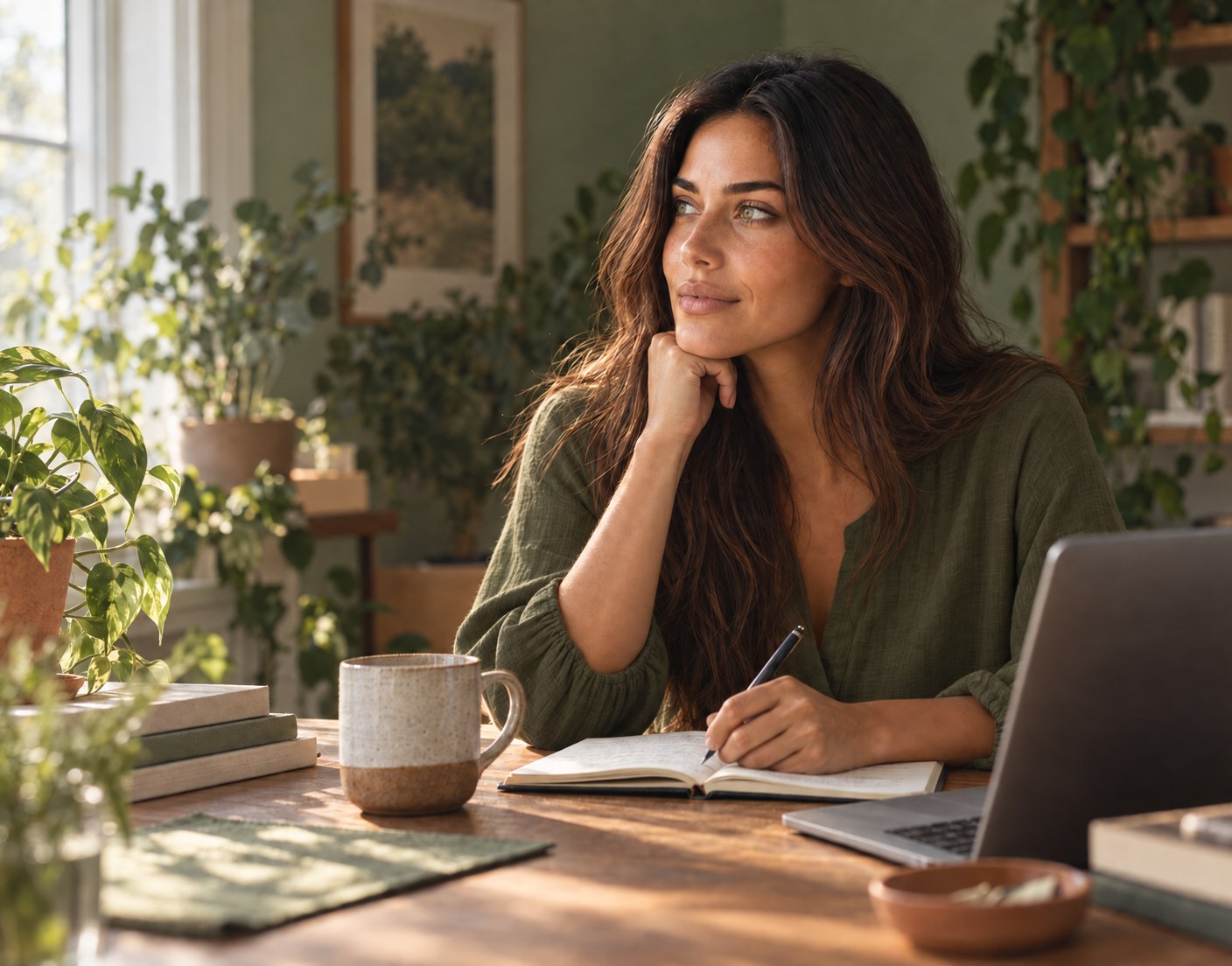 A calm, plant-filled home workspace with a wooden desk